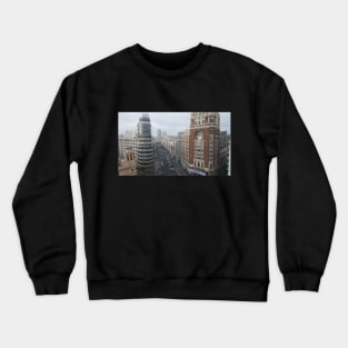 Spain, Madrid, Gran Via, Edificio Capitol - Edificio Carrión - A look from above on the street. Crewneck Sweatshirt